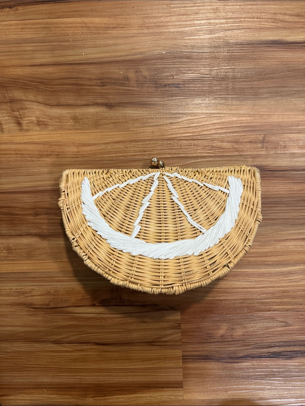 Woven Rattan Half-Moon Clutch with White Accent